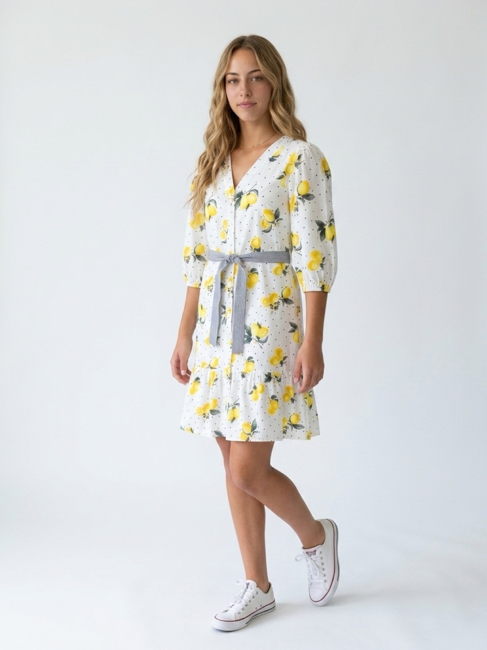 Lapis & Lillies Dress Womens Size 8 Lemon Polka Dot V-Neck Midi Tie Belt